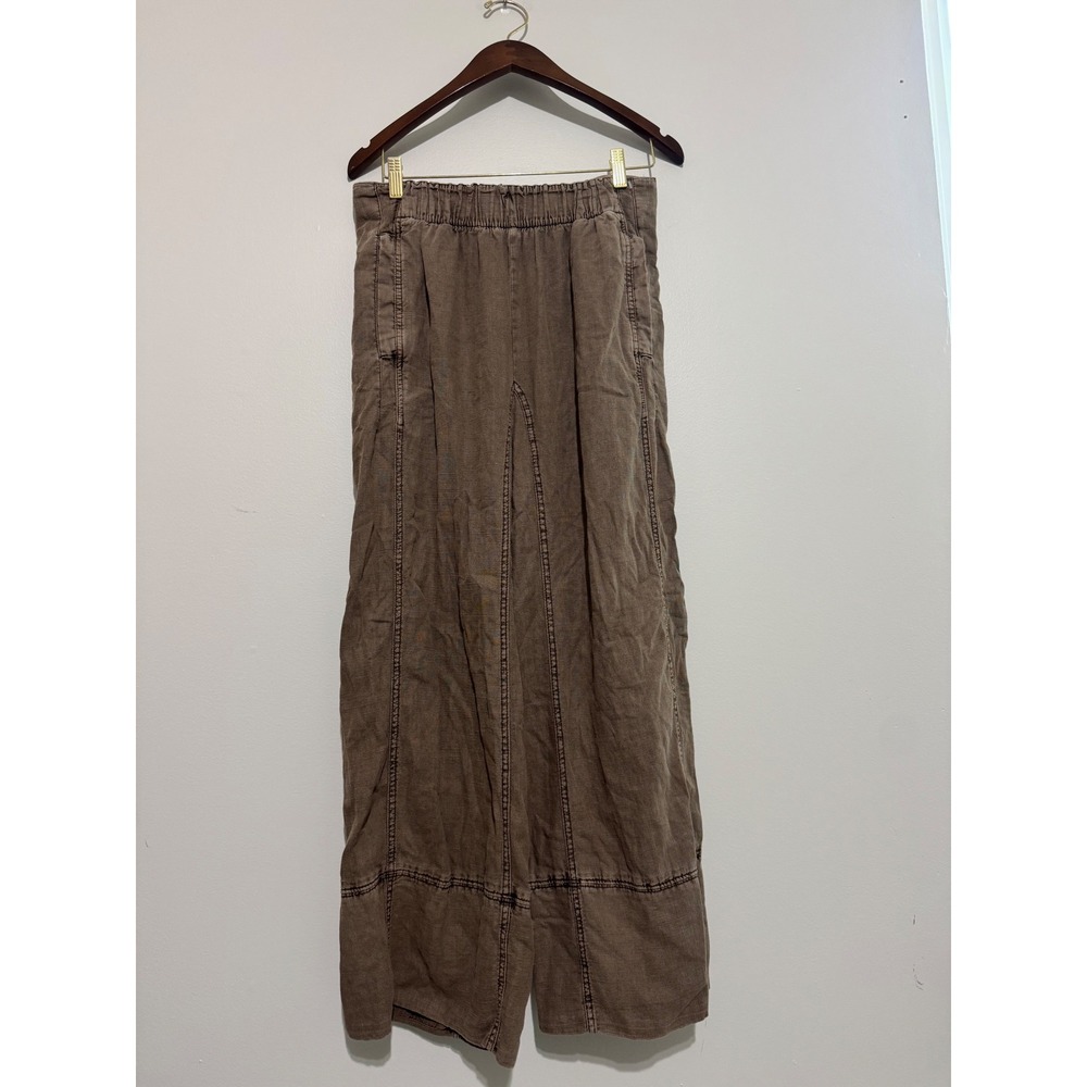 Free People Days End Brown Linen Blend Wide Leg Elastic Waist Pants Small Boho